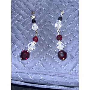 Dangle Drop‎ Earrings Beaded Red Crystal Clear Black Silver Tone